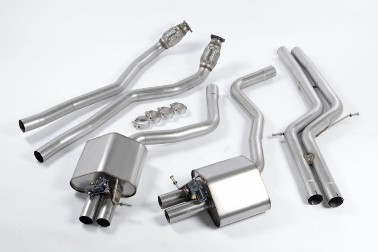 A front view of Milltek Resonated Catback Exhaust System for Audi RS6 2013-2018 with white background