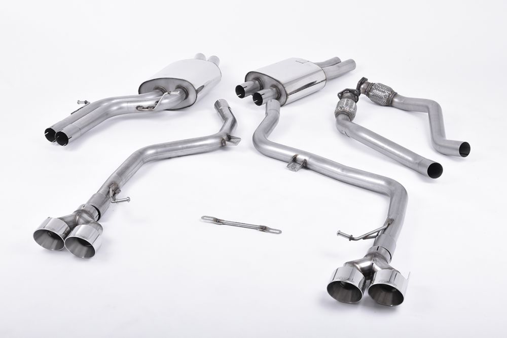 Milltek Sport exhaust system parts for 2012-2016 Audi S5 3.0 TFSI B8.5 Sportback (part SSXAU376): pipework, silencers and black tailpipe tips