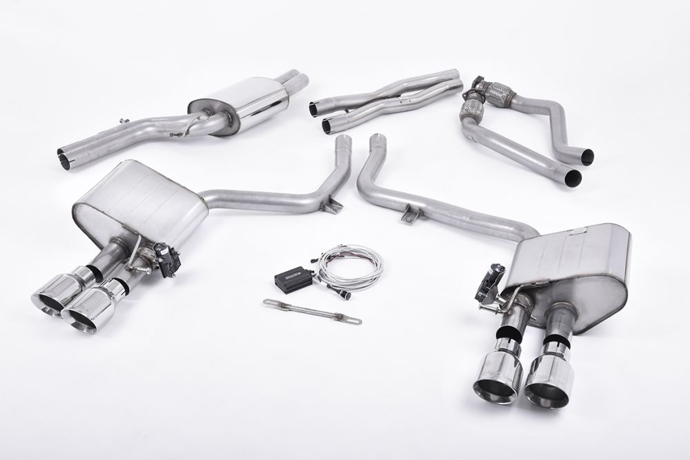 Milltek Sport exhaust system parts for 2011-2016 Audi S5 3.0 TFSI B8.5 Coupé & Cabriolet (part SSXAU407): pipework, silencers and black tailpipe tips