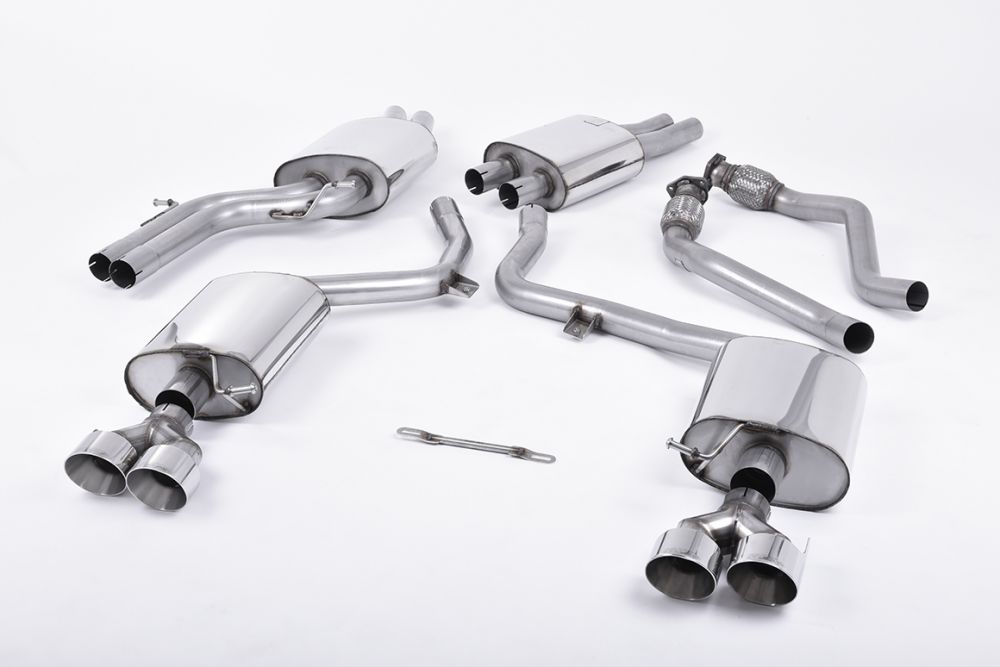 Milltek Sport exhaust system parts for 2011-2016 Audi S5 3.0 TFSI B8.5 Coupé & Cabriolet (part SSXAU410): pipework, silencers and black tailpipe tips