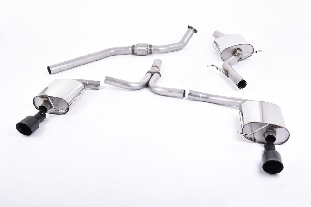 Milltek Sport exhaust system parts for 2008-2011 Audi A4 2.0 TFSI S line B8 Saloon & Avant (part SSXAU436): pipework, silencers and black tailpipe tips