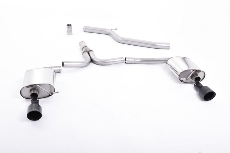 A front view of Milltek Non-Resonated Cat-back Exhaust System for Audi A4 B8 2.0 TDI 2WD (S-Line models only) 2008-2016 with white background