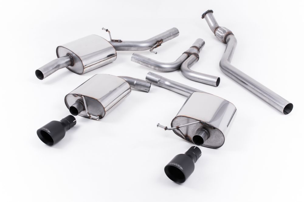 Milltek Sport exhaust system parts for 2008-2012 Audi A5 Coupé S line 2.0 TFSI 2WD and quattro (part SSXAU439): pipework, silencers and black tailpipe tips