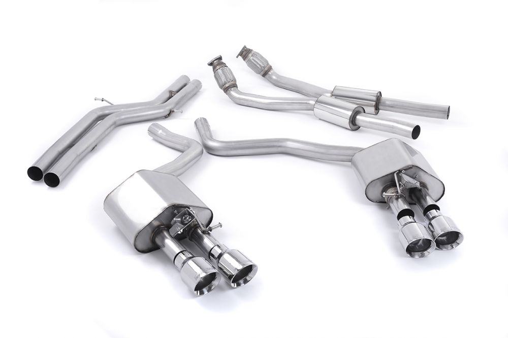 Milltek Sport exhaust system parts for 2012-2018 Audi S7 Sportback 4.0 TFSI quattro S tronic (part SSXAU443): pipework, silencers and black tailpipe tips