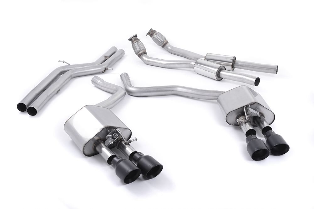Milltek Sport exhaust system parts for 2012-2018 Audi S7 Sportback 4.0 TFSI quattro S tronic (part SSXAU448): pipework, silencers and black tailpipe tips