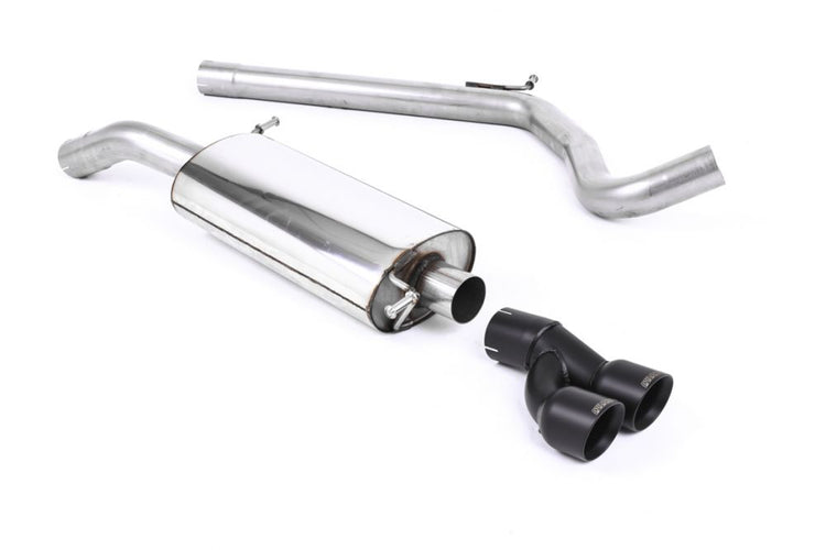 A front view of Milltek Non-Resonated (Louder) Cat-Back Exhaust System Cerakote Black Tips Volkswagen Polo Mk5 2010-2017 with white background