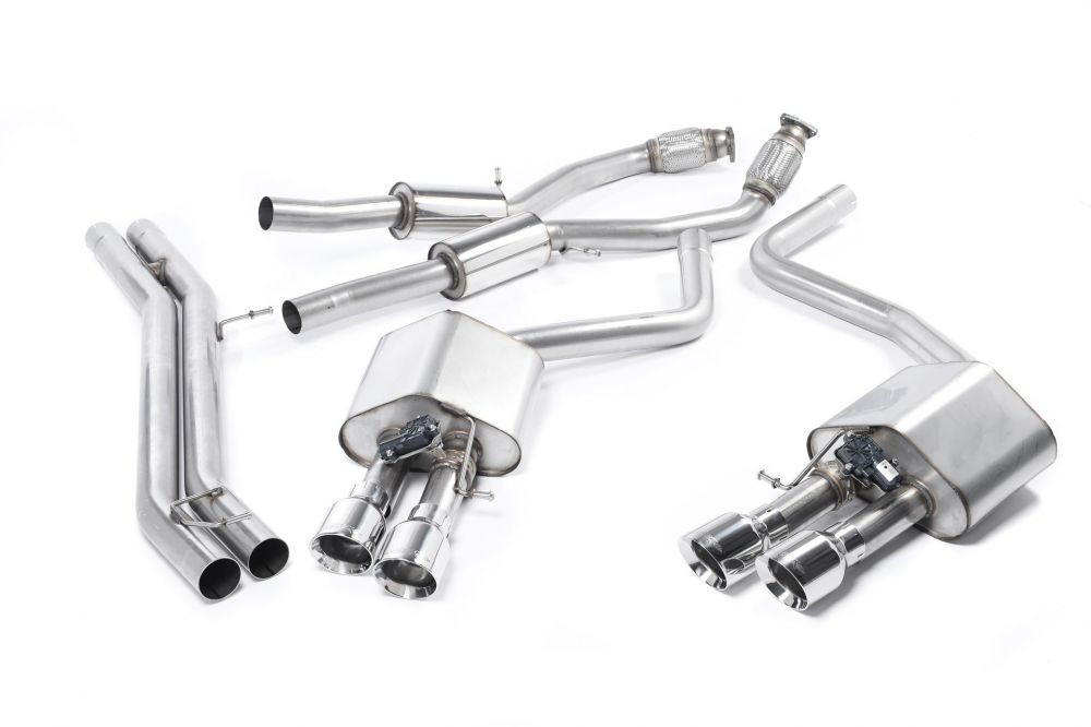 Milltek Sport exhaust system parts for 2013-2018 Audi S8 D4 4.0 TFSI quattro Tiptronic (part SSXAU465): pipework, silencers and polished silver tailpipe tips
