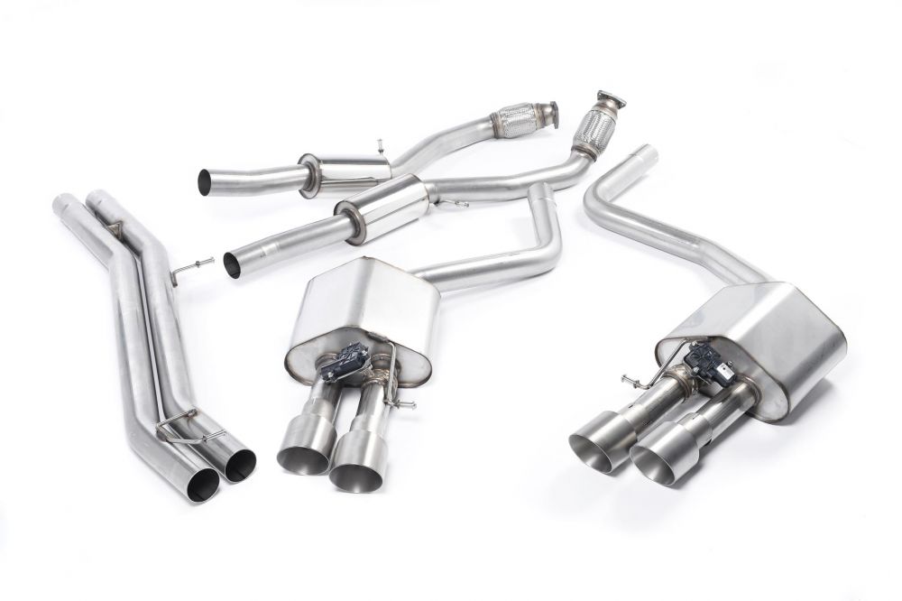 Milltek Sport exhaust system parts for 2013-2018 Audi S8 D4 4.0 TFSI quattro Tiptronic (part SSXAU466): pipework, silencers and polished silver tailpipe tips
