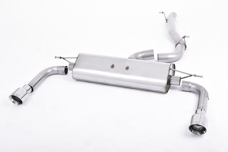 A front view of Milltek Non-Resonated (Louder) Cat-Back Exhaust System Polished Tips Audi A3 8V 2.0 TFSI Quattro Sedan 2012+ with white background