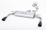 A front view of Milltek Resonated (Quieter) Cat-Back Exhaust System Cerakote Black Tips Audi A3 8V 2.0 TFSI Quattro Sedan 2012+ with white background