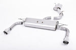 A front view of Milltek Resonated (Quieter) Cat-Back Exhaust System Polished Tips Audi A3 8V 2.0 TFSI Quattro Sedan 2012+ with white background