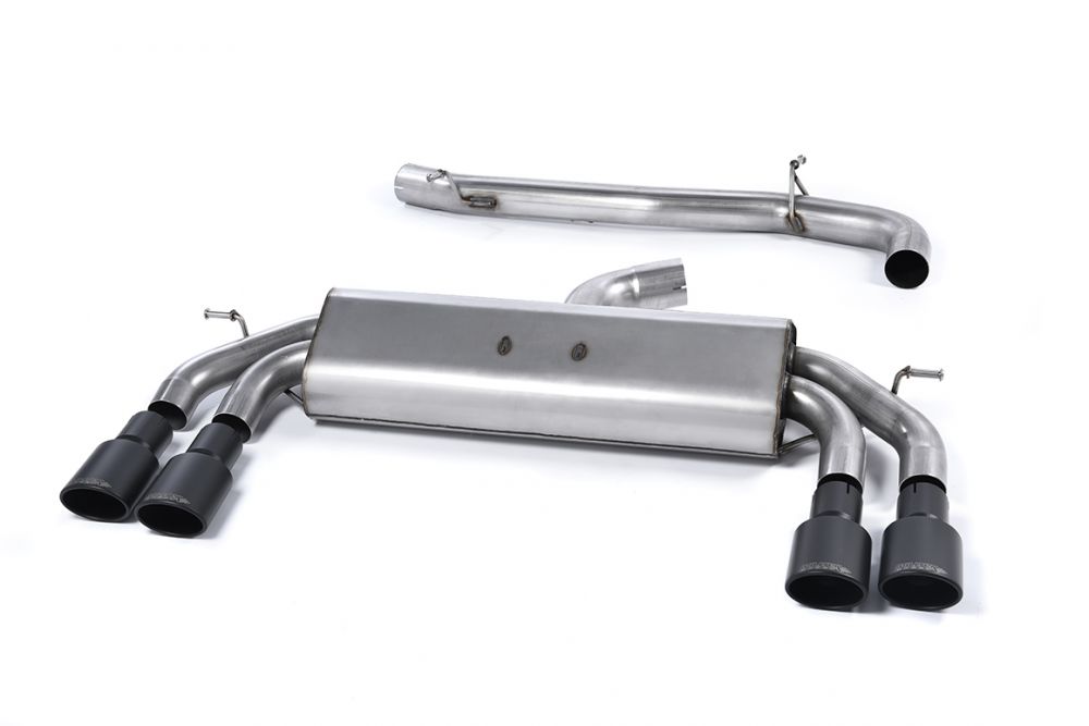 Milltek Sport exhaust system parts for 2013-2018 Audi S3 2.0 TFSI quattro Sportback 8V/8V.2 (part SSXAU530): pipework, silencers and black tailpipe tips