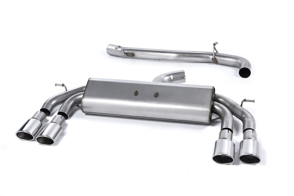 Milltek Sport exhaust system parts for 2013-2018 Audi S3 2.0 TFSI quattro Sportback 8V/8V.2 (part SSXAU531): pipework, silencers and black tailpipe tips