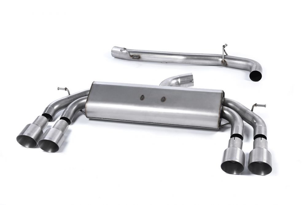 Milltek Sport exhaust system parts for 2013-2018 Audi S3 2.0 TFSI quattro Sportback 8V/8V.2 (part SSXAU534): pipework, silencers and black tailpipe tips