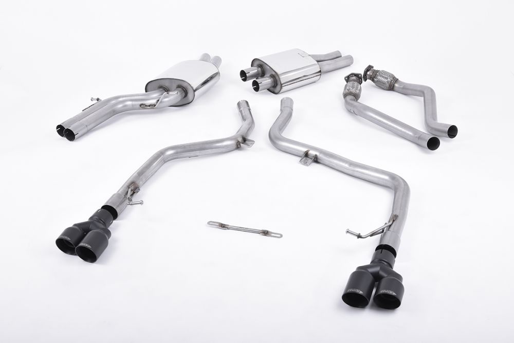 Milltek Sport exhaust system parts for 2009-2012 Audi S4 3.0 Supercharged V6 B8 (part SSXAU557): pipework, silencers and black tailpipe tips