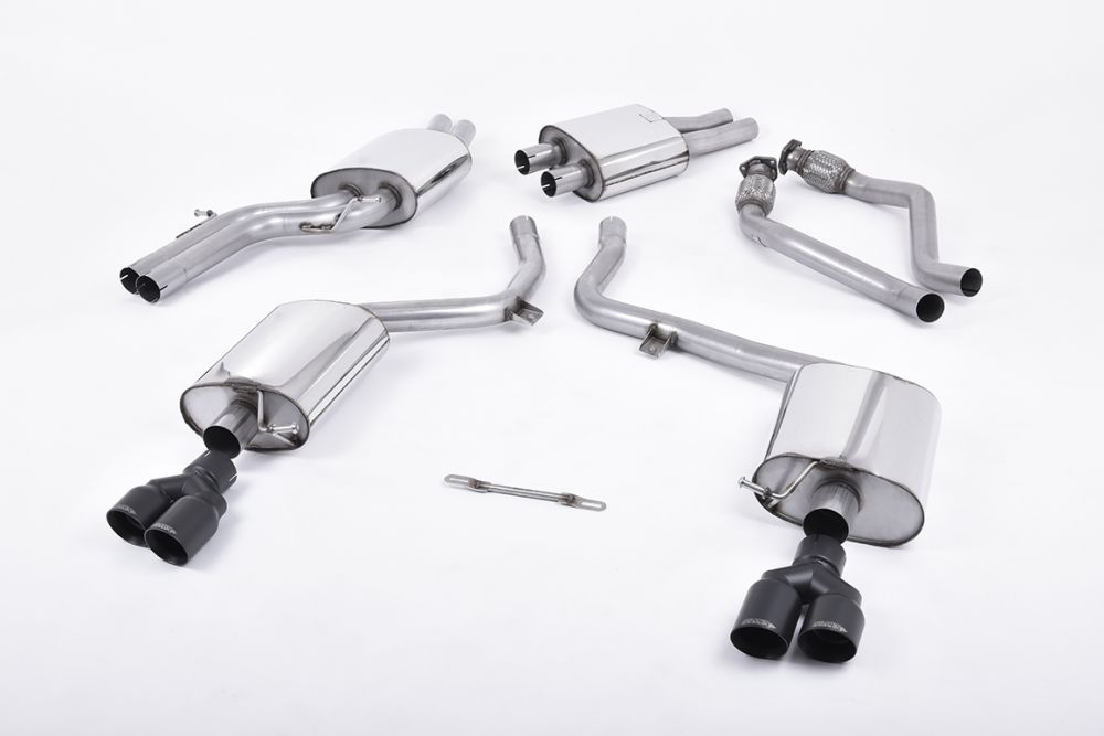 Milltek Sport exhaust system parts for 2009-2011 Audi S5 3.0 TFSI B8 Coupé & Cabriolet (part SSXAU558): pipework, silencers and black tailpipe tips