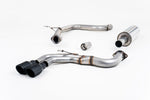 A front view of Milltek Resonated (Quieter) Cat-Back Exhaust System Cerakote Black Tips Audi A3 8V 2.0 TDI 184PS MQB 2WD 2012+ with white background