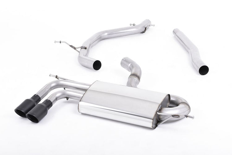 A front view of Milltek Non-Resonated DPF-Back Exhaust System Cerakote Black Tips Volkswagen Golf Mk6 2009-2014 with white background