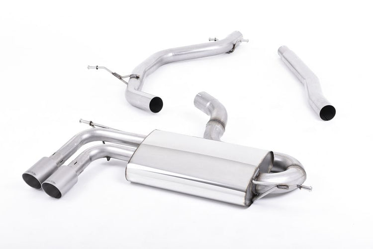 A front view of Milltek Non-Resonated DPF-Back Exhaust System Brushed Titanium Tips Volkswagen Scirocco 2008-2017 with white background