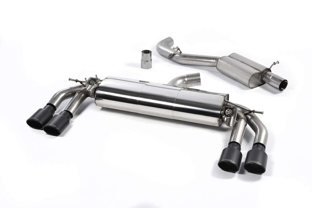 Milltek Sport exhaust system parts for 2015-2018 Audi TT Mk3 TTS 2.0TFSI Quattro (part SSXAU578): pipework, silencers and black tailpipe tips