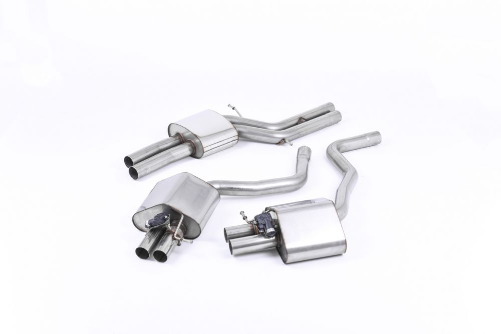 Milltek Sport exhaust system parts for 2013-2018 Audi RS6 C7 4.0 TFSI biturbo quattro inc Performance Edition (part SSXAU579): pipework, silencers and polished silver tailpipe tips