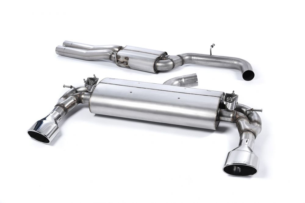 Milltek Sport exhaust system parts for 2015-2017 Audi RS3 Sportback (part SSXAU589): pipework, silencers and black tailpipe tips