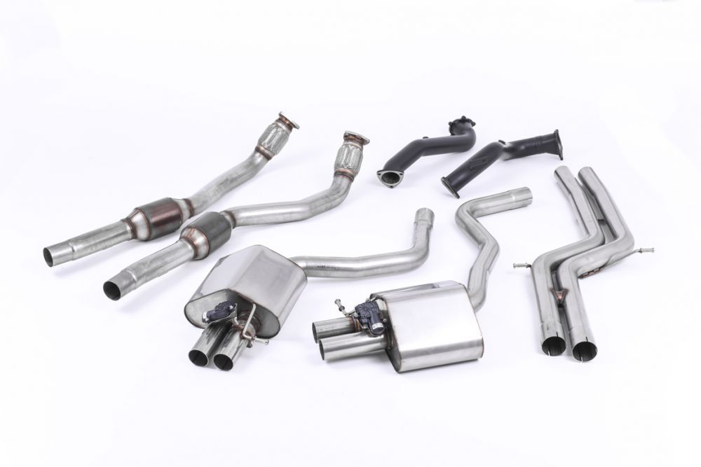 Milltek Sport exhaust system parts for 2013-2018 Audi RS7 C7 Sportback 4.0 V8 TFSI biturbo inc Performance Edition (part SSXAU595): pipework, silencers and polished silver tailpipe tips
