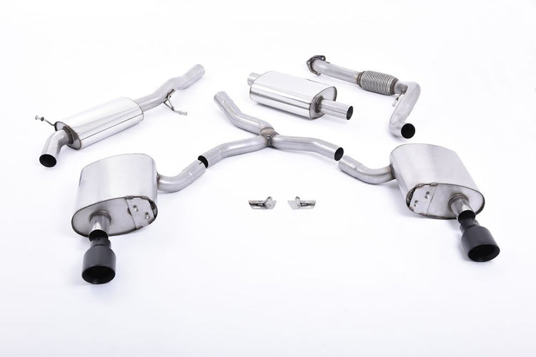 A front view of Milltek Resonated Cat-back Exhaust System GT-100 Cerakote Black Tips for Audi A4 B9 2.0 TFSI Quattro 2016-2019 with white background