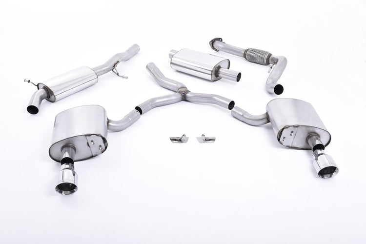 A front view of Milltek Resonated Cat-back Exhaust System GT-100 Polished Tips for Audi A4 B9 2.0 TFSI Quattro 2016-2019 with white background