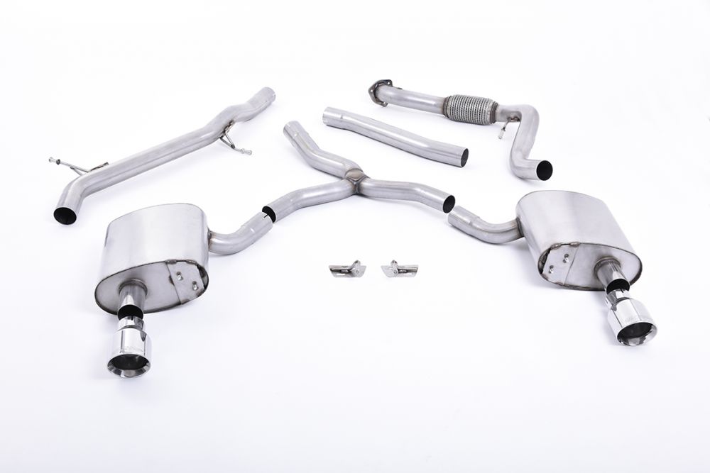 Milltek Sport exhaust system parts for 2016+ Audi A4 2.0 TFSI B9 Quattro Saloon & Avant (part SSXAU616): pipework, silencers and polished silver tailpipe tips