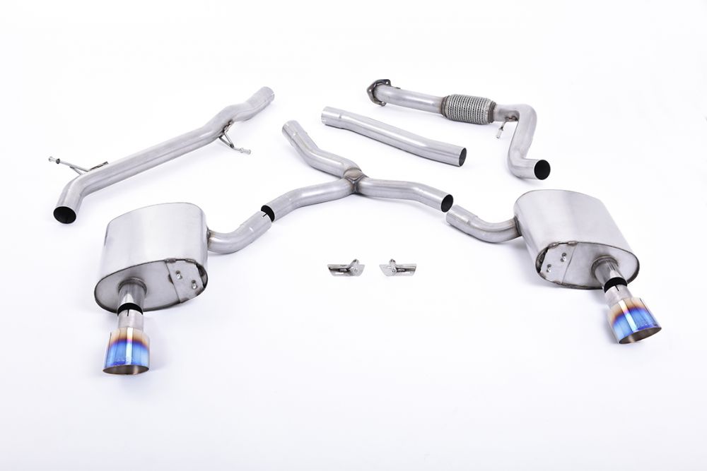 Milltek Sport exhaust system parts for 2016+ Audi A4 2.0 TFSI B9 Quattro Saloon & Avant (part SSXAU618): pipework, silencers and burnt titanium blue tailpipe tips
