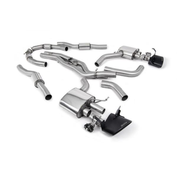 Milltek Sport exhaust system parts for 2020+ Audi RS6 C8 4.0 V8 bi-turbo in Performance Edition (part SSXAU941): pipework, silencers and black tailpipe tips