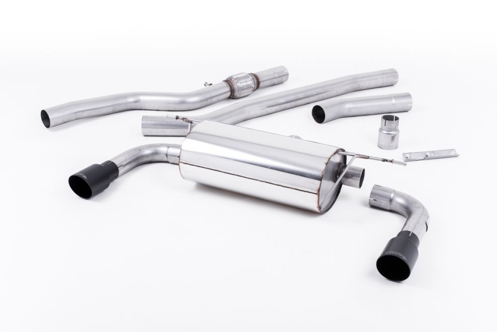 Milltek Sport exhaust system parts for 2014-2016 BMW 4 Series F32 428i Coupé (part SSXBM1006): pipework, silencers and black tailpipe tips