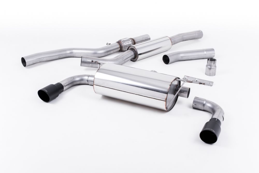 Milltek Sport exhaust system parts for 2014-2016 BMW 4 Series F32 428i Coupé (part SSXBM1007): pipework, silencers and black tailpipe tips