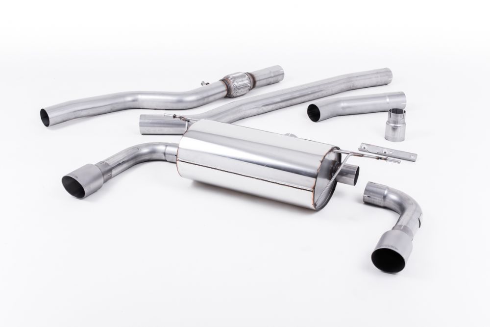 Milltek Sport exhaust system parts for 2014-2016 BMW 4 Series F32 428i Coupé (part SSXBM1020): pipework, silencers and black tailpipe tips