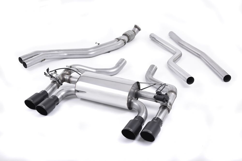 Milltek Sport exhaust system parts for 2016-2018 BMW 2 Series M2 Coupé (part SSXBM1034): pipework, silencers and black tailpipe tips