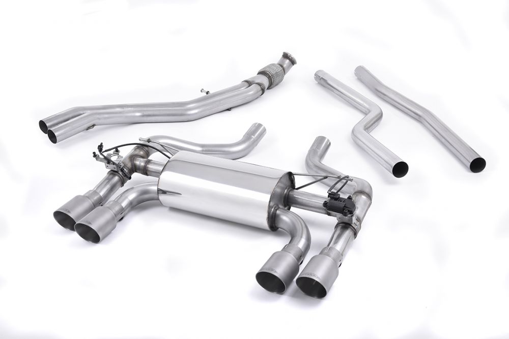 Milltek Sport exhaust system parts for 2016-2018 BMW 2 Series M2 Coupé (part SSXBM1035): pipework, silencers and black tailpipe tips