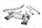 Milltek Sport exhaust system parts for 2016-2018 BMW 2 Series M2 Coupé (part SSXBM1036): pipework, silencers and burnt titanium blue tailpipe tips