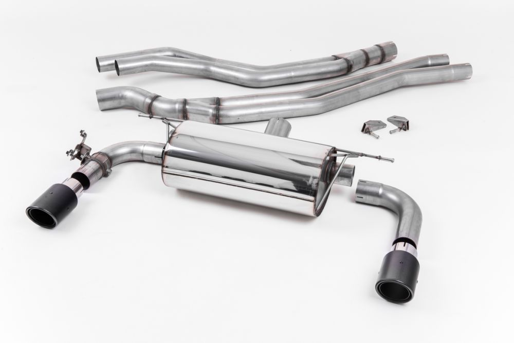 Milltek Sport exhaust system parts for 2015-2018 BMW 2 Series M240i Coupe (part SSXBM1055): pipework, silencers and black tailpipe tips