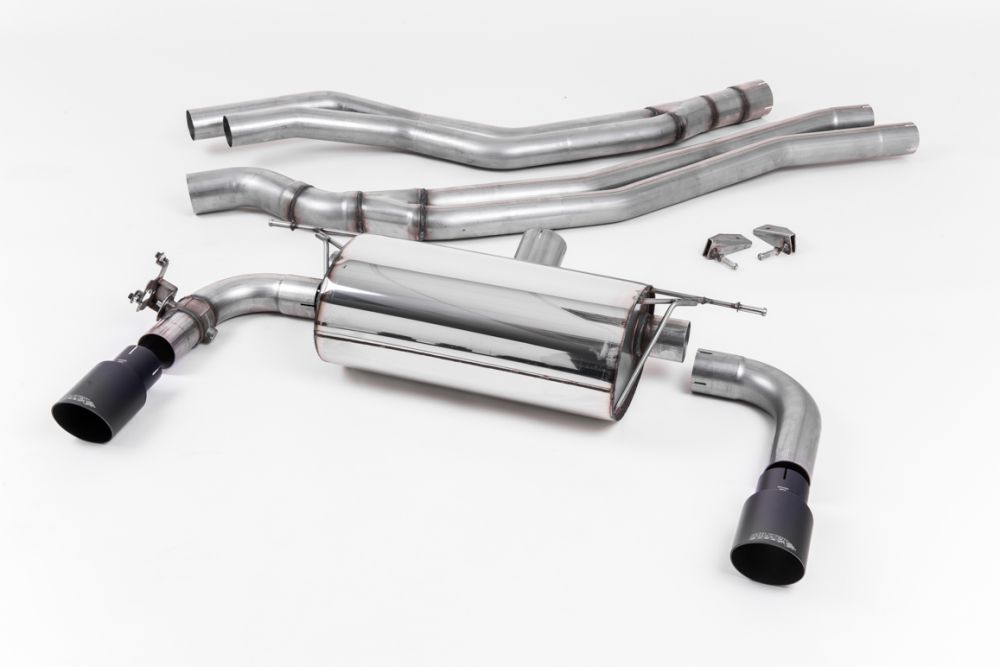 Milltek Sport exhaust system parts for 2015-2018 BMW 2 Series M240i Coupe (part SSXBM1057): pipework, silencers and black tailpipe tips