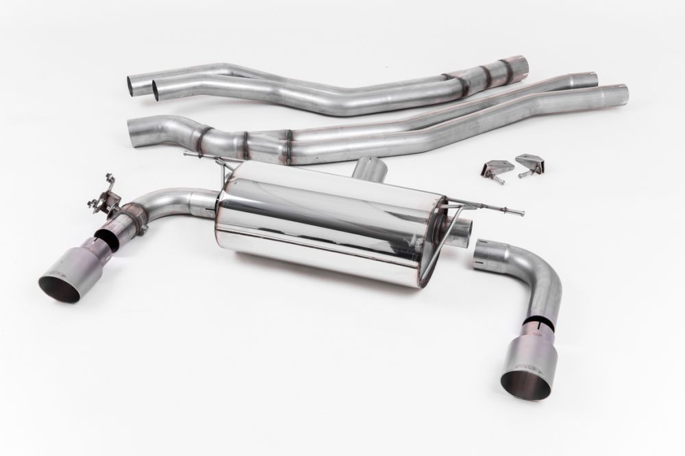 Milltek Sport exhaust system parts for 2015-2018 BMW 2 Series M240i Coupe (part SSXBM1058): pipework, silencers and black tailpipe tips
