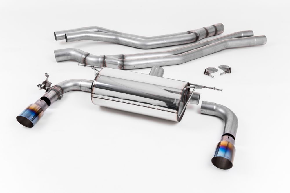 Milltek Sport exhaust system parts for 2015-2018 BMW 2 Series M240i Coupe (part SSXBM1059): pipework, silencers and burnt titanium blue tailpipe tips