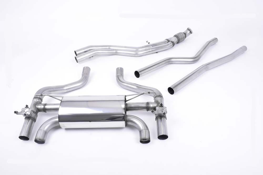 Milltek Sport exhaust system parts for 2016-2018 BMW 2 Series M2 Coupé (part SSXBM1061): pipework, silencers and polished silver tailpipe tips