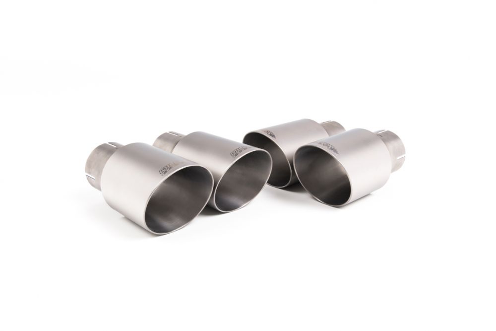 Close-up of polished silver Milltek Sport exhaust tips for the 2018+ BMW 2 Series M2 Competition Coupé (part SSXBM1082)