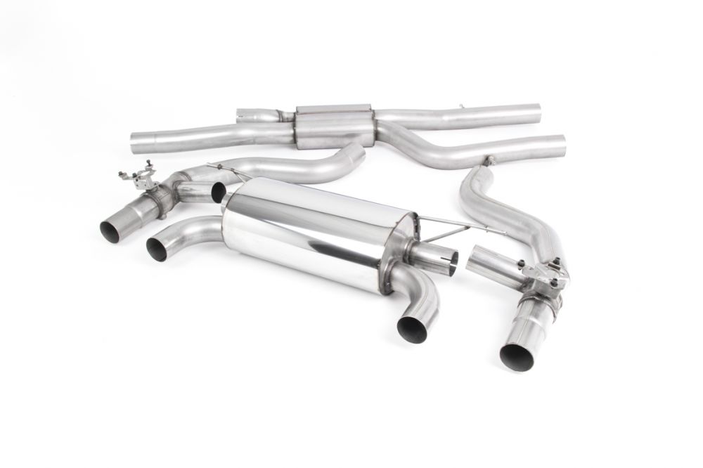 Milltek Sport exhaust system parts for 2018+ BMW 2 Series M2 Competition Coupé (part SSXBM1084): pipework, silencers and polished silver tailpipe tips