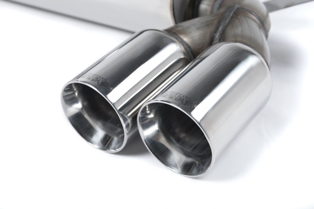 Close-up of polished silver Milltek Sport exhaust tips for the 2001-2007 BMW 3 Series E46 M3 3.2 Coupe - Cabriolet (part SSXBM934)