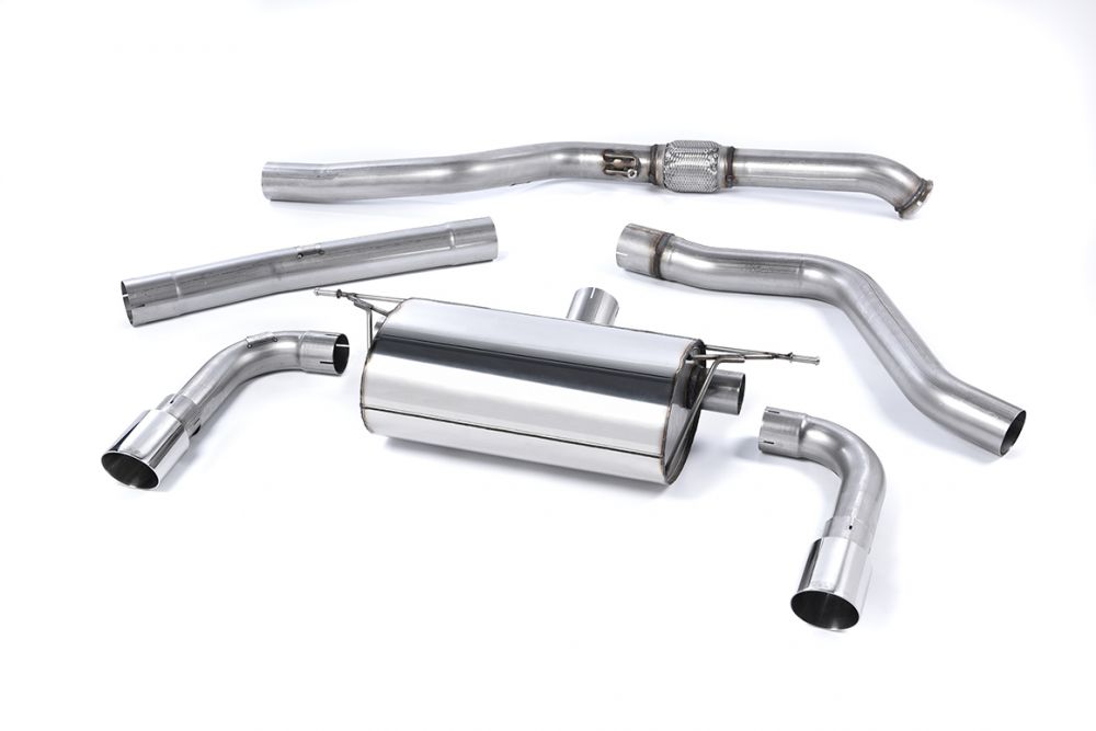 Milltek Sport exhaust system parts for 2014-2015 BMW 2 Series M235i Coupé (part SSXBM987): pipework, silencers and polished silver tailpipe tips