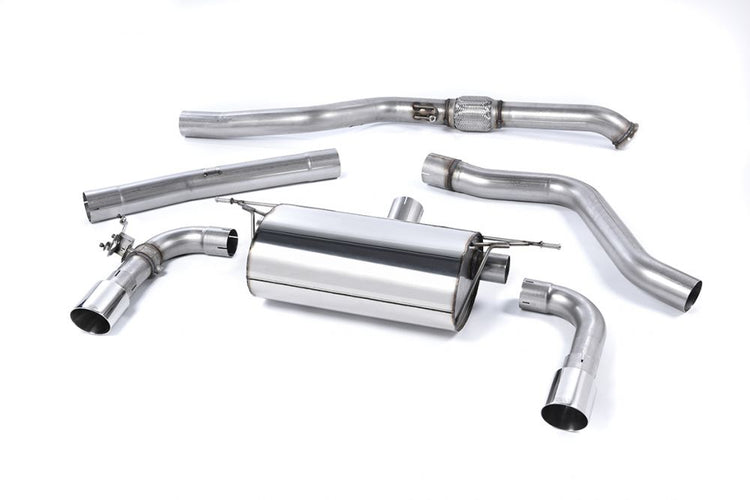 Milltek Sport exhaust system parts for 2014-2015 BMW 2 Series M235i Coupé (part SSXBM989): pipework, silencers and polished silver tailpipe tips