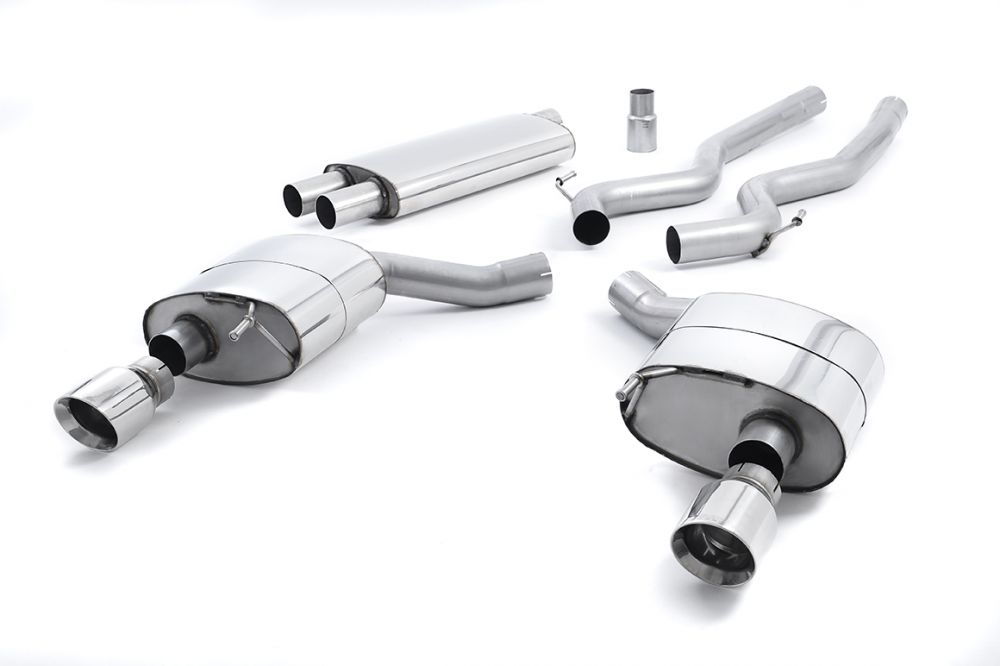 Milltek Sport exhaust system parts for 2024+ Ford Mustang 2.3 EcoBoost (part SSXFD173): pipework, silencers and black tailpipe tips