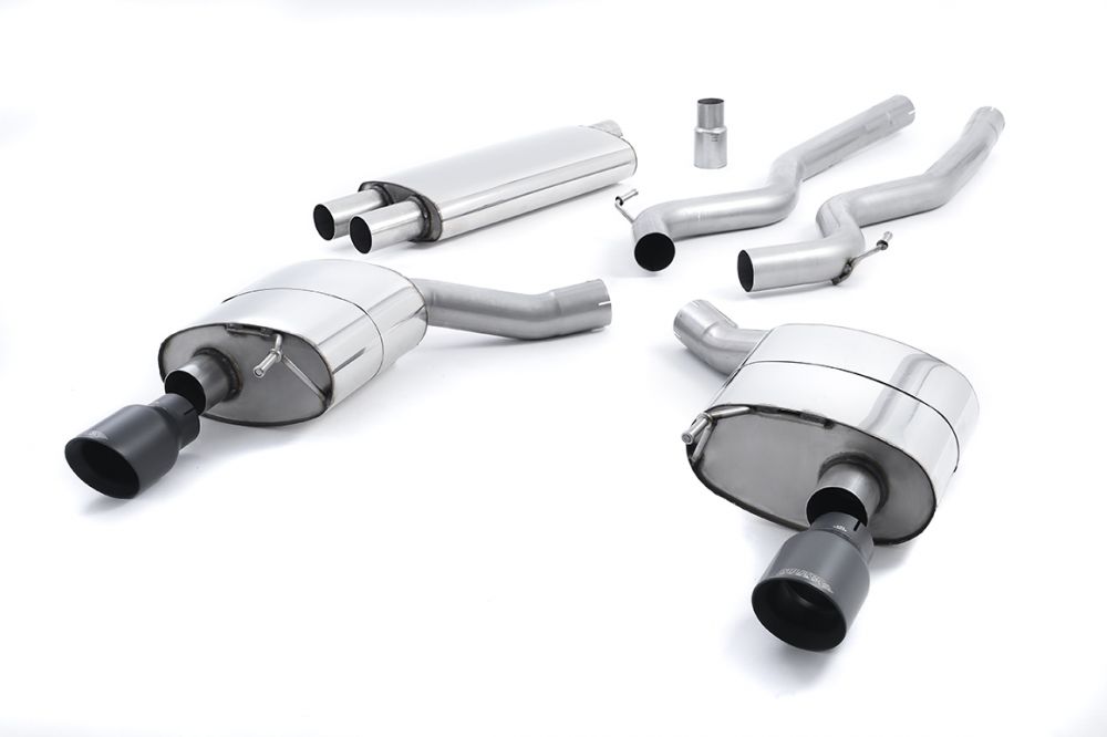 Milltek Sport exhaust system parts for 2015-2018 Ford Mustang 2.3 EcoBoost (part SSXFD174): pipework, silencers and black tailpipe tips